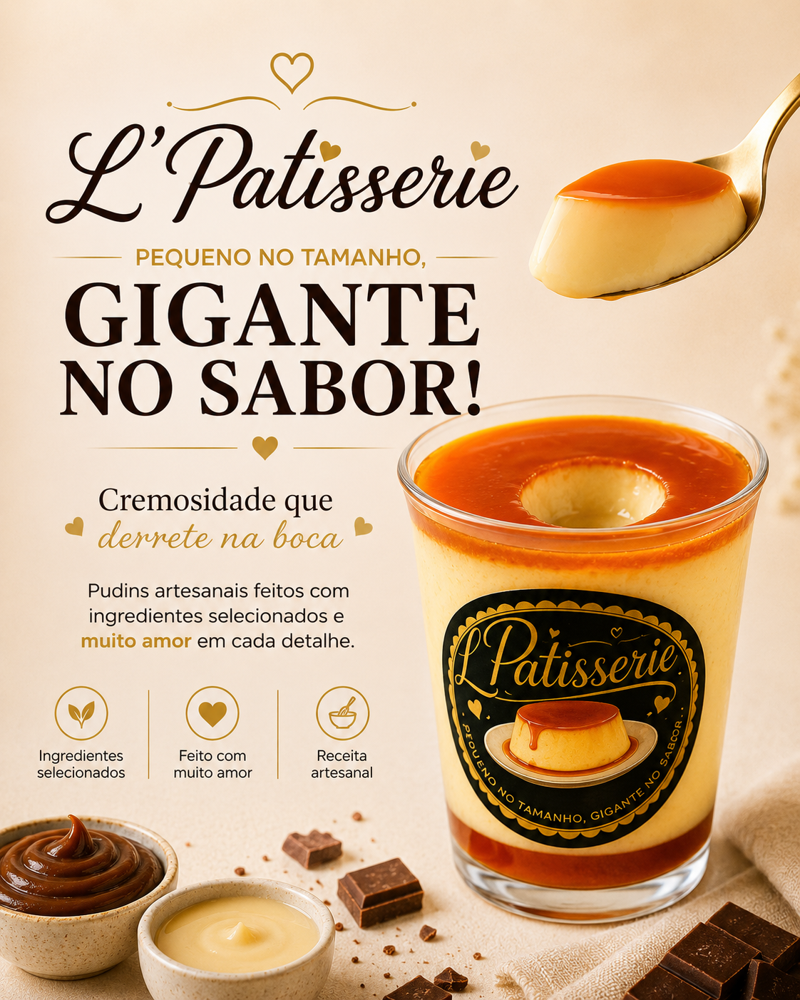 L'Patisserie — pudim no copo artesanal. Pequeno no tamanho, gigante no sabor.