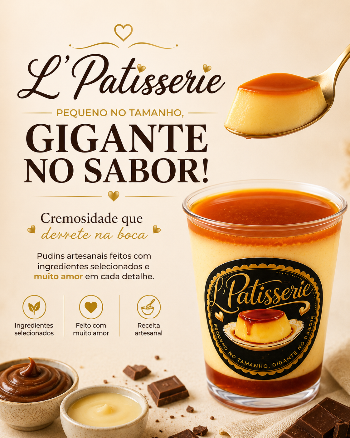 L'Patisserie — pudim no copo artesanal. Pequeno no tamanho, gigante no sabor.
